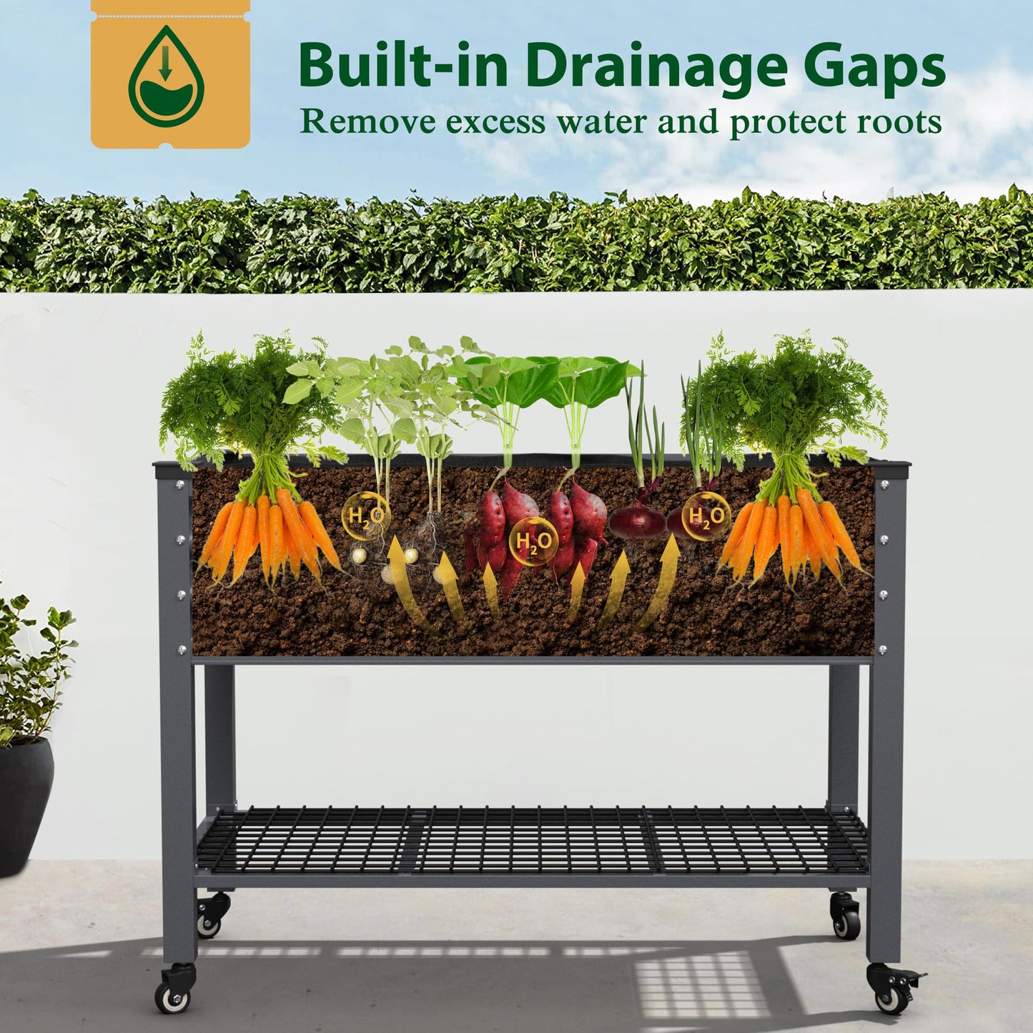 VEIKOU 48 x 24 x 34in Galvanized Steel Raised Garden Bed for Outdoor with Shelf and Casters, Drainage Holes, Steel Planter Box for Gardening Vegetable Flower Herb, 507 lbs Capacity, Gray