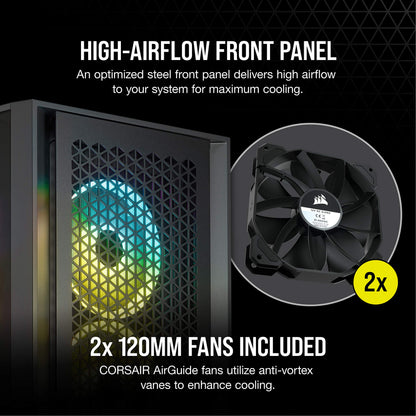 Corsair 4000D AIRFLOW Tempered Glass Mid-Tower ATX Case - High-Airflow - Cable Management System - Spacious Interior - Two Included 120 mm Fans - Black