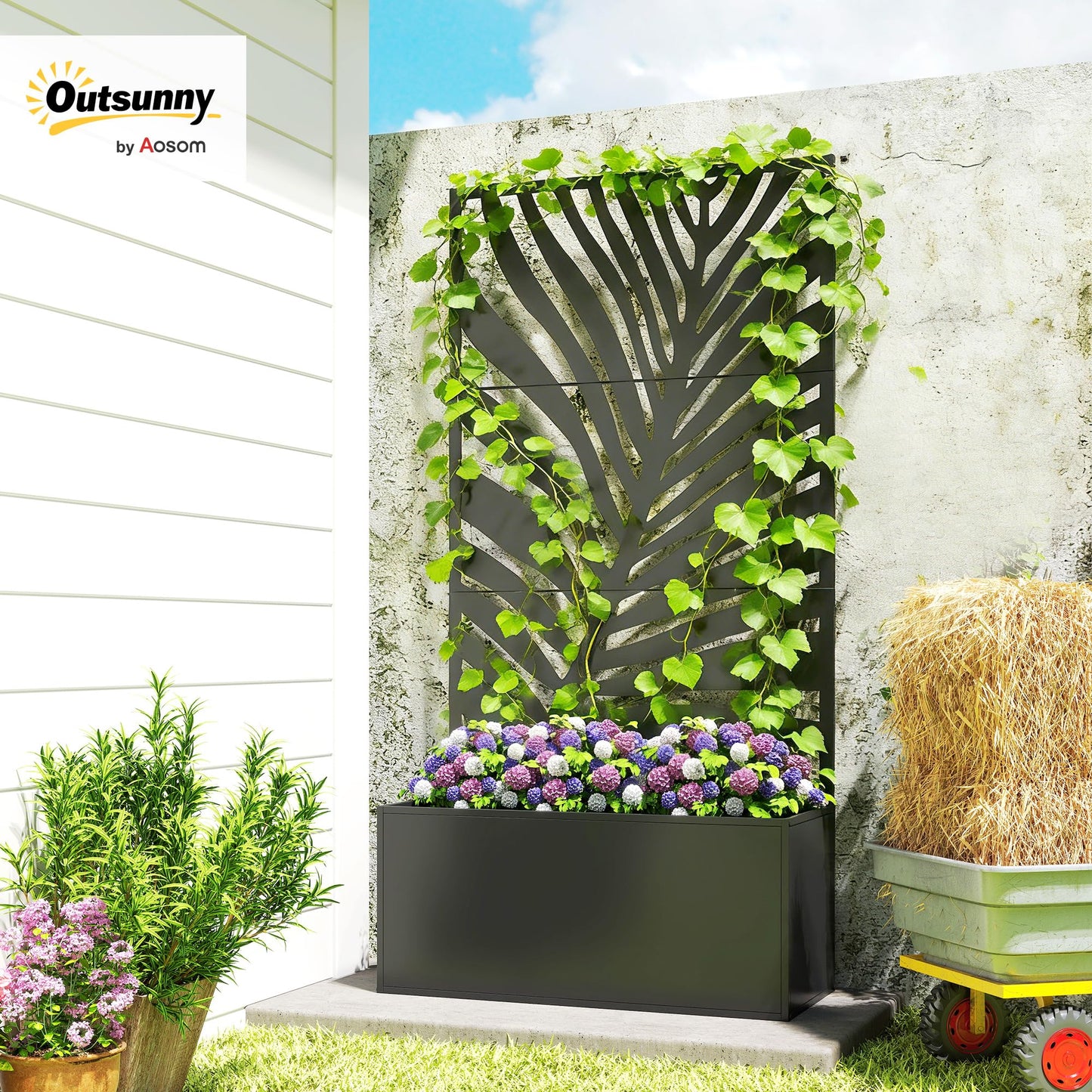 Outsunny Metal Planter Box with Trellis, 71" Tall Raised Garden Bed with Trellis Privacy Screen for Climbing Plants, Large Leaf Cut-Out Privacy Planter for Garden, Patio, Balcony