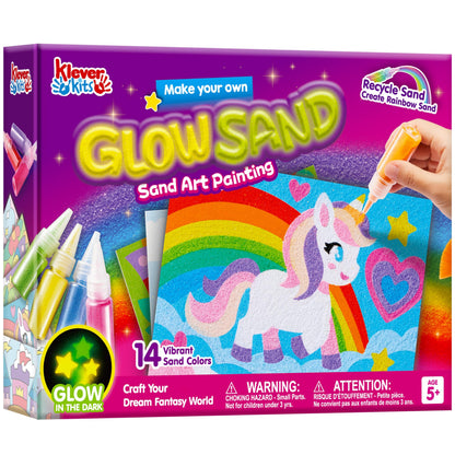 JOVA Klever Kits Glow Sand Art Kits for Kids, Glow in The Dark Sand Painting with 14 Colors, Kids Crafts, 6 Fantasy Templates & 4 DIY Sheets, Mess Free Arts and Crafts, Gifts for Girls Ages 5+