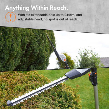 VonHaus Pole Hedge Trimmer Cordless – Long Reach Telescopic Extendable Cutter for Hedges, Bushes, Branches, Shrubs – 20V Battery, Charger, Shoulder Strap, 135° Adjustable Head, Dual Action Blades