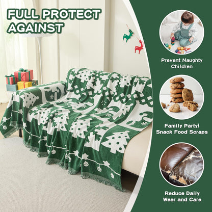 MEETSKY Christmas Couch Cover for Sectional Sofa, Chenille Loveseat Green Sofa Covers Washable for Pet Friendly Snowflake Christmas Tree Decorative Couch Covers, 71" x 102"