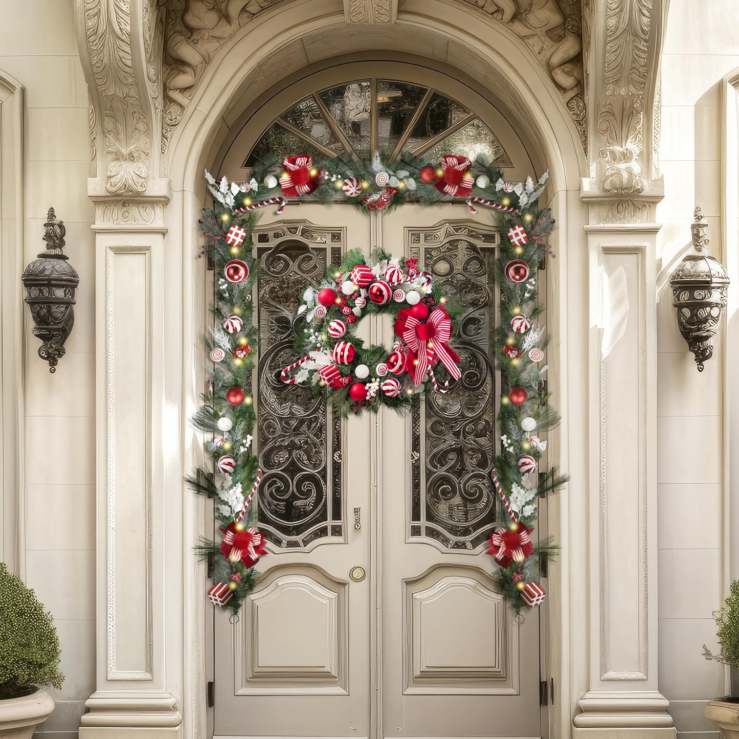 Valery Madelyn 30'' Pre-Lit Christmas Wreath for Front Door with Lights, Large Lighted Outdoor Christmas Wreath with Red White Xmas Balls & Bow for Home Porch Fireplace Window Holiday Wall Decor