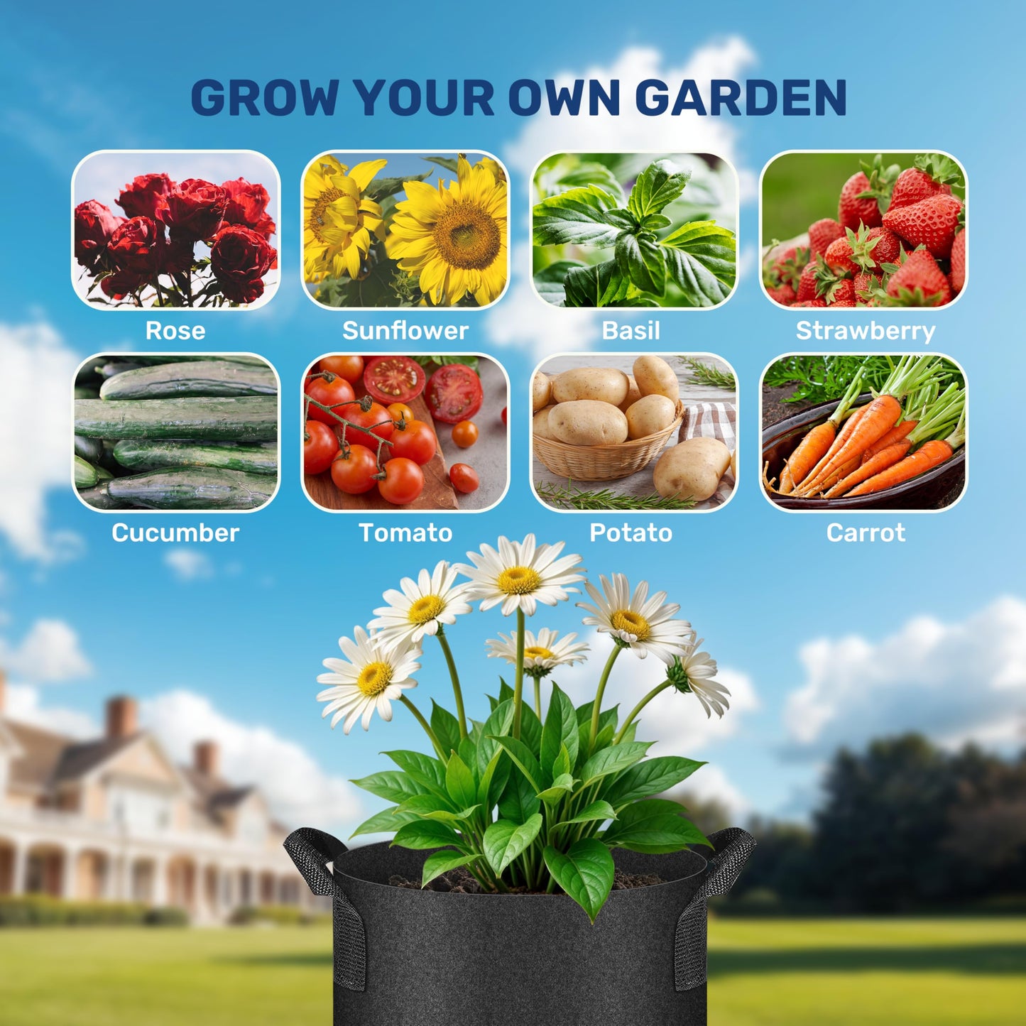 HealSmart 15 Gallon 6 Pack Nonwoven Grow Bags, Aeration Fabric Pots with Handles, Heavy Duty Garden Grow Pots for Tomato Vegetables Flowers, 6 Plant Labels, Black