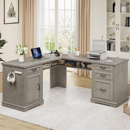 Farmhouse L Shaped Executive Desk with 4 Drawers, Home Office Desk with Hidden Under-Desk Storage Shelf and Charging Station, File Cabinet Storage, Wood Corner Computer Desk for Work and Study(Grey)