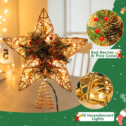 BrizLabs Christmas Tree Topper, 11“ Rattan Star Treetop with 10 Warm Lights, 120V UL Certified Christmas Tree-top Star, Vine Christmas Tree Star Topper for Christmas Indoor Party Home Decor