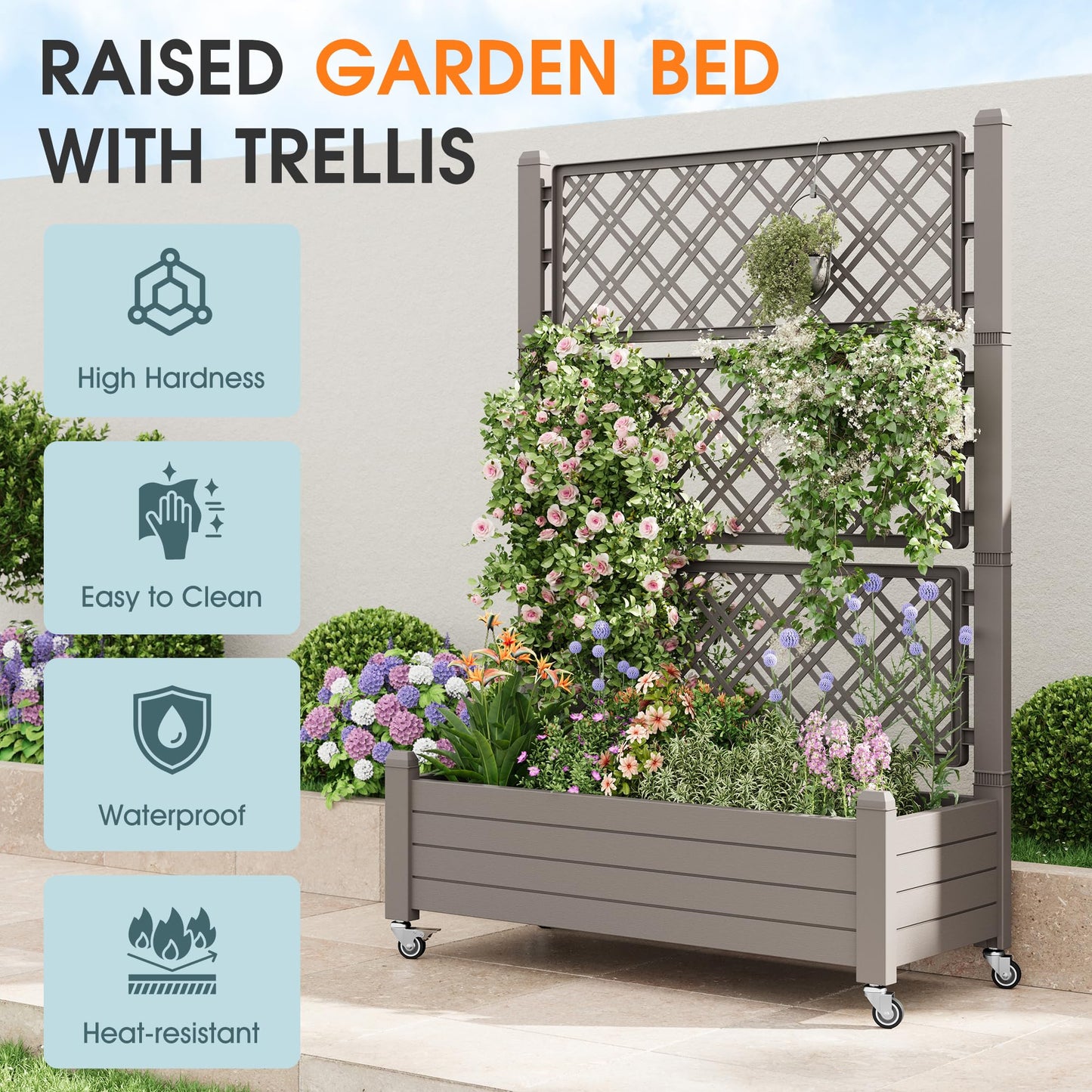 WTFGO Resin Raised Garden Bed with Trellis and Wheels - Plasitc Planter Box with Trellis Outdoor with Drainage Holes & Water Monitor for Climbing Plants, Flower, Gray(61.2" H)