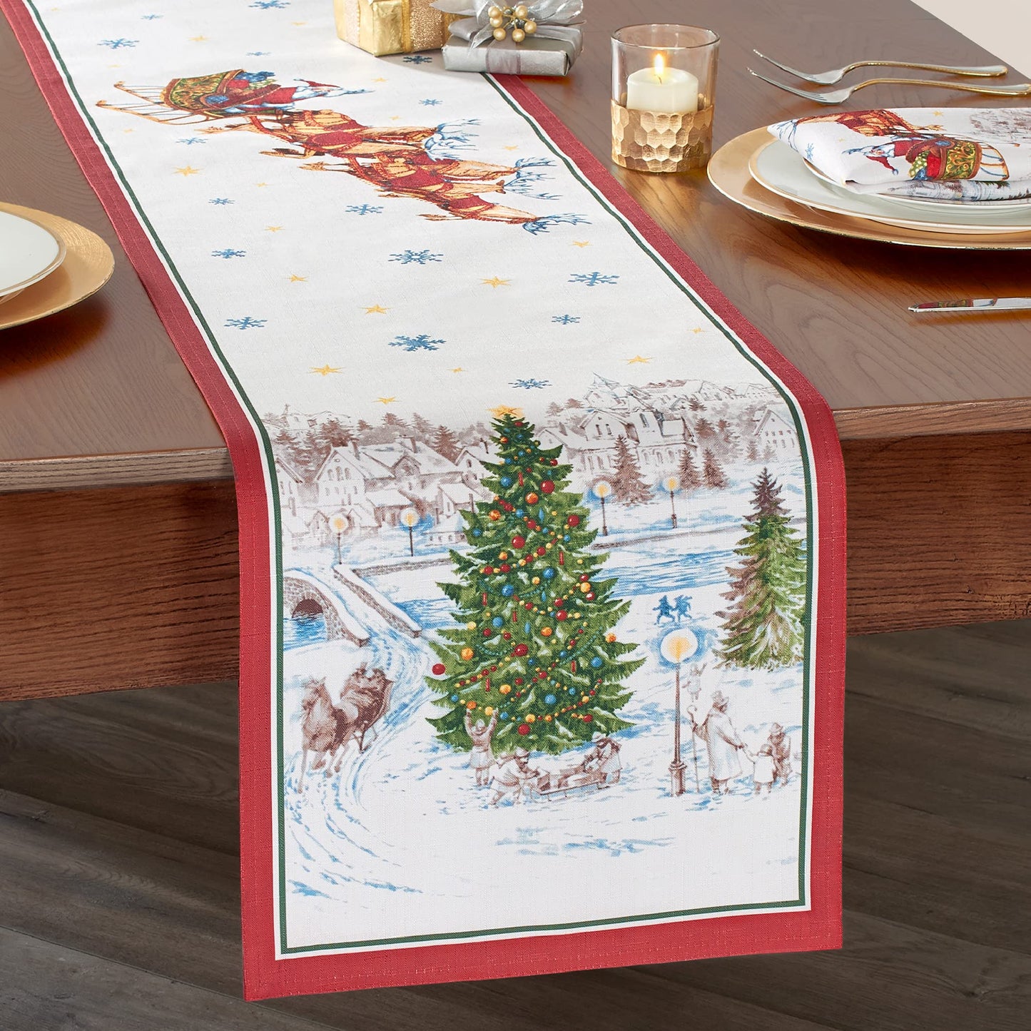 Elrene Home Fashions Santa Snowy Sleighride Holiday Fabric Table/Console Runner, 13 Inches x 70 Inches
