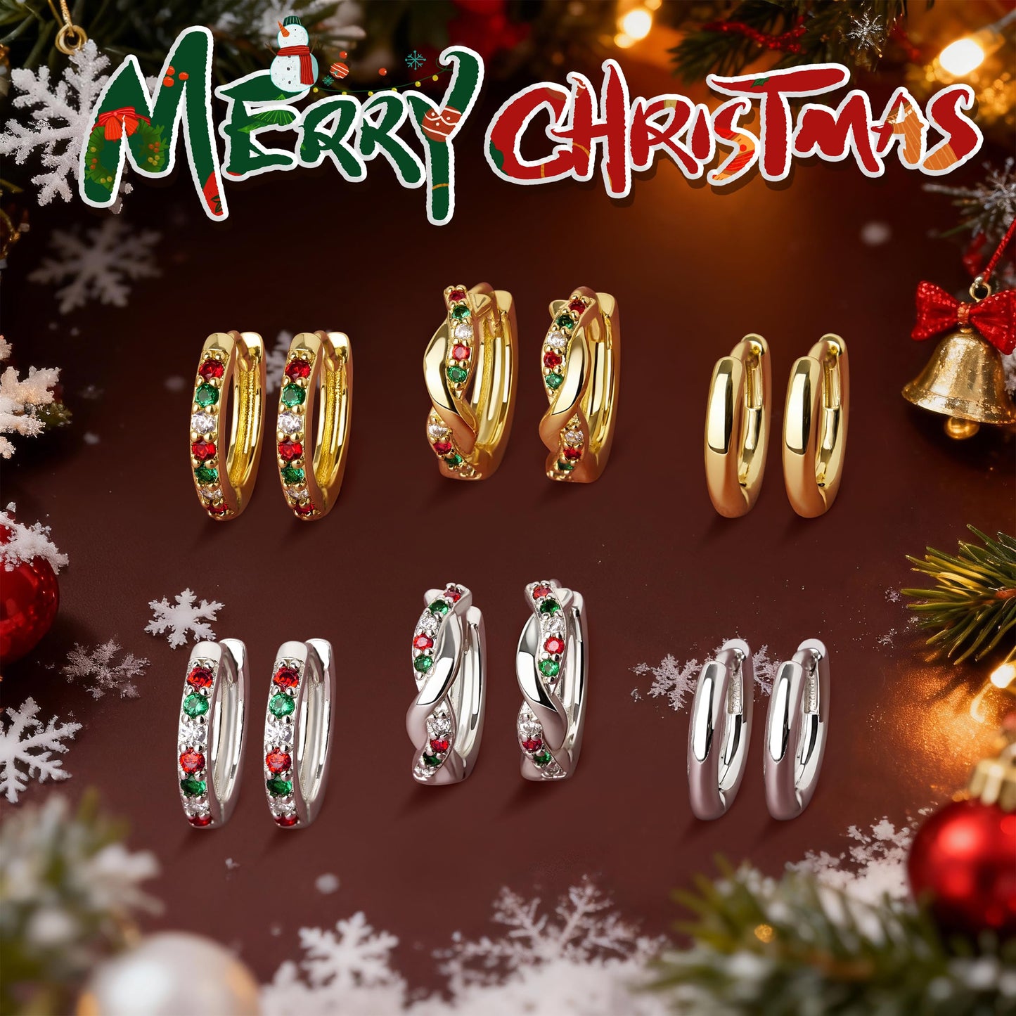 Inerney Sterling Silver Christmas Earrings Set for Women, Dainty Small Huggie Hoop Earrings Holiday Jewelry for Multiple Piercings, Trendy Twisted Cute Cartilage Hoops Winter Gift for Sensitive Ears