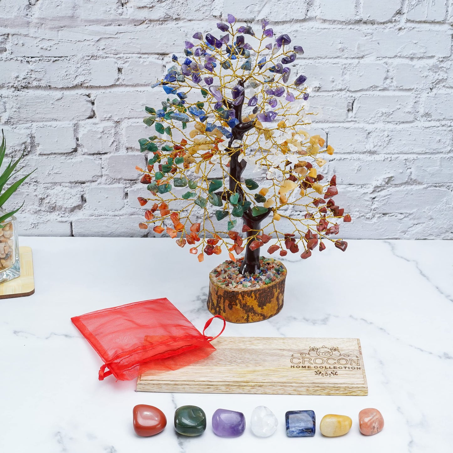 Crocon® 7 Chakra Tree of Life Crystal with Seven Chakra Tumbles, Wooden Decor Base Tray, Handmade Gemstone Birthday Gifts for Women Men Friends Crystal Decorations, Spiritual Gifts, Feng Shui Decor