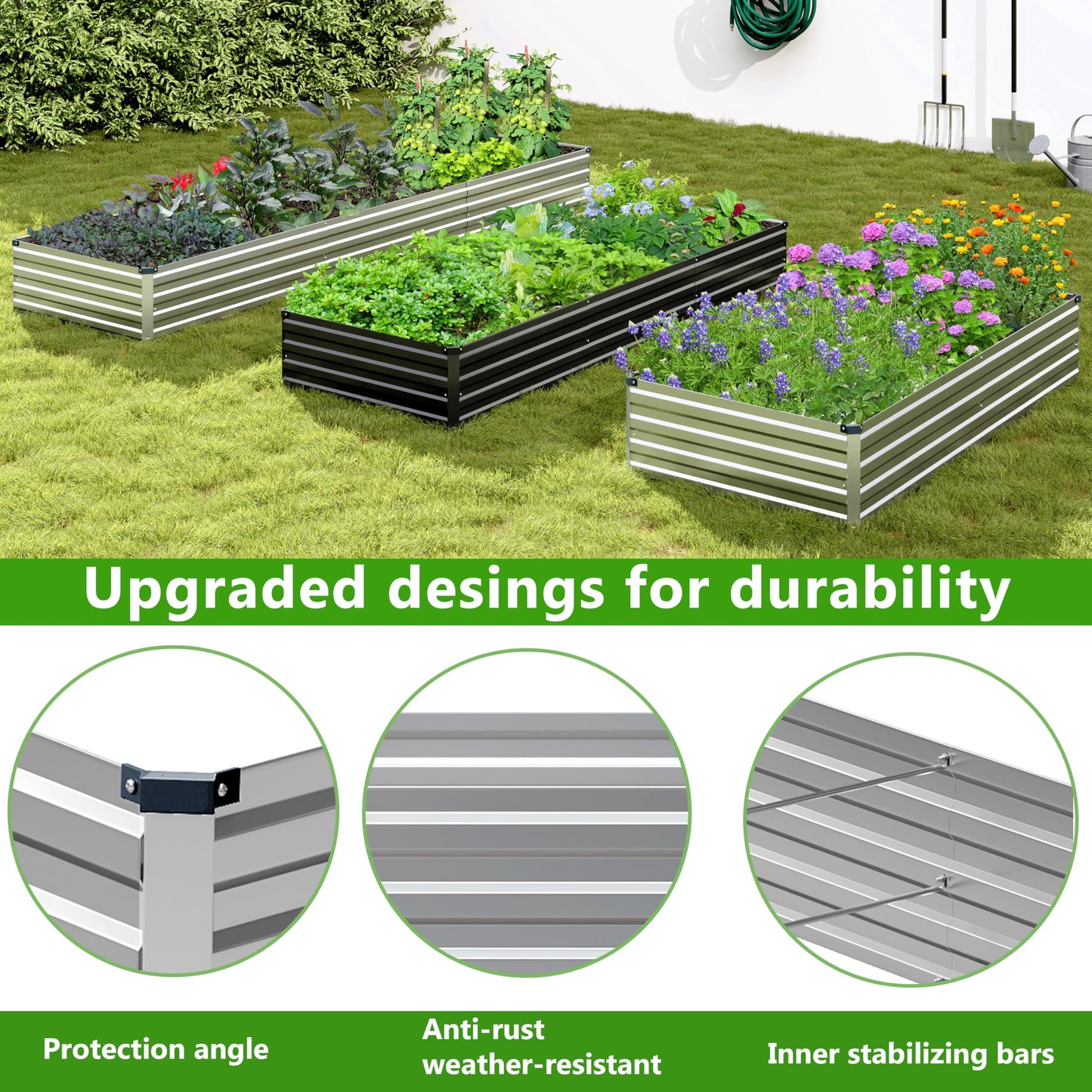 Easllre 2PCS 9x3x1ft Galvanized Raised Garden Bed,Outdoor Planter Box Metal Patio Kit Planting Bed for Vegetables Flowers Herb,Silver