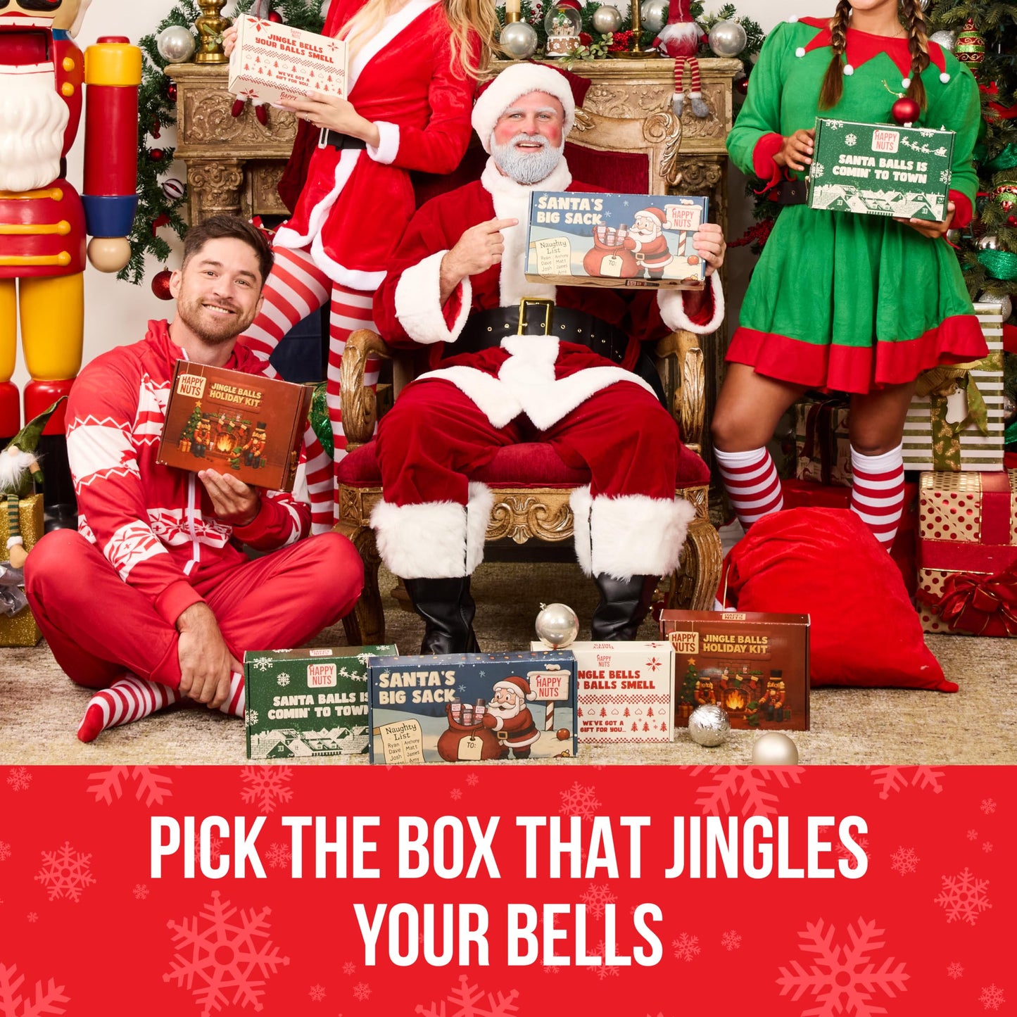 Happy Nuts Santa’s Big Sack - Funny Holiday Gift Box for Men - 4-in-1 Men's Care: Comfort Cream, Hydrating Body Wash, Whole Body Deodorant Stick, Anti-Chafing Powder - Hilarious Gift Basket for Him