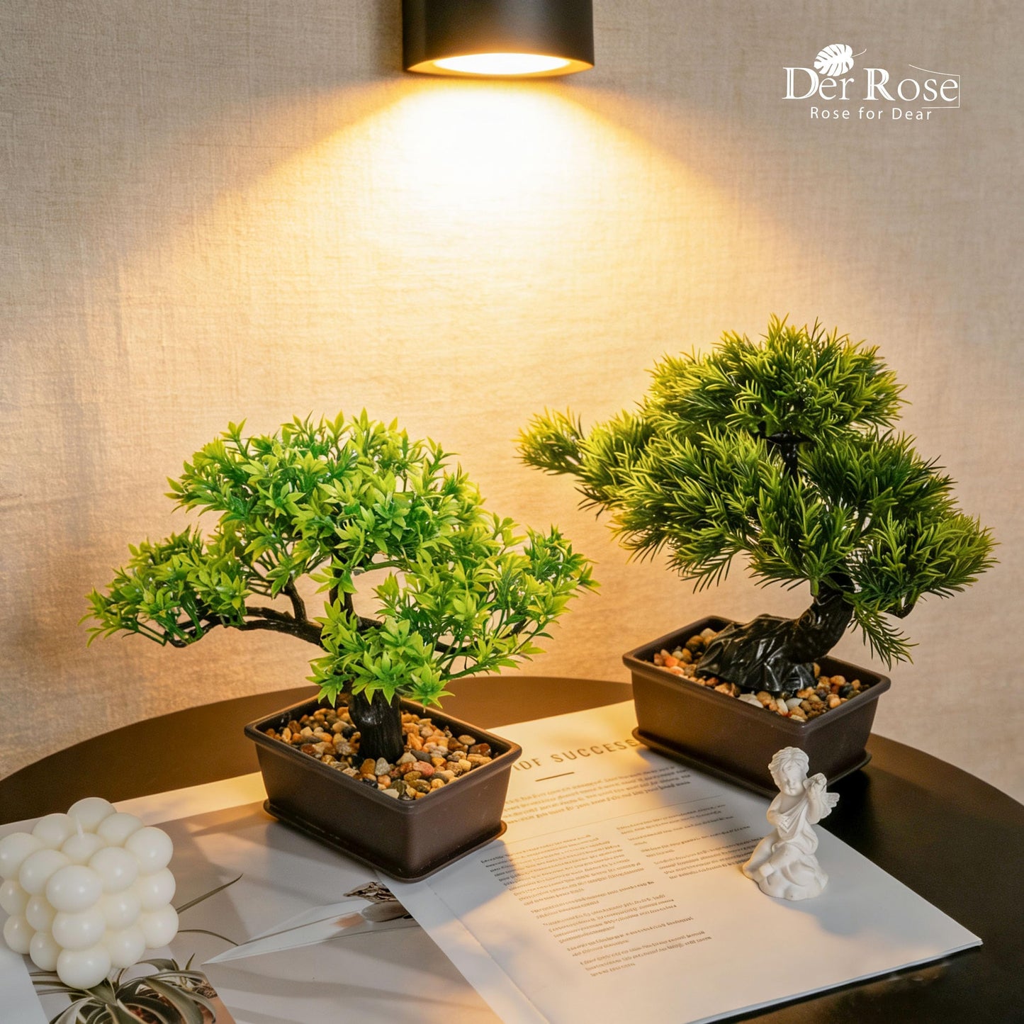 Der Rose 2Pcs Small Fake Plants Artificial Bonsai Tree Set Ficus and Cedar for Office Desk Shelf Room Home Zen Decor Indoor