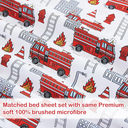 Softan Kids Bed Sheet Set, Boys Full Size Sheets, Microfiber Kids Fitted Sheet and Pillowcase, Breathable and Silky Soft, 4 Piece Fire Engines Printed Full Bed Sheet