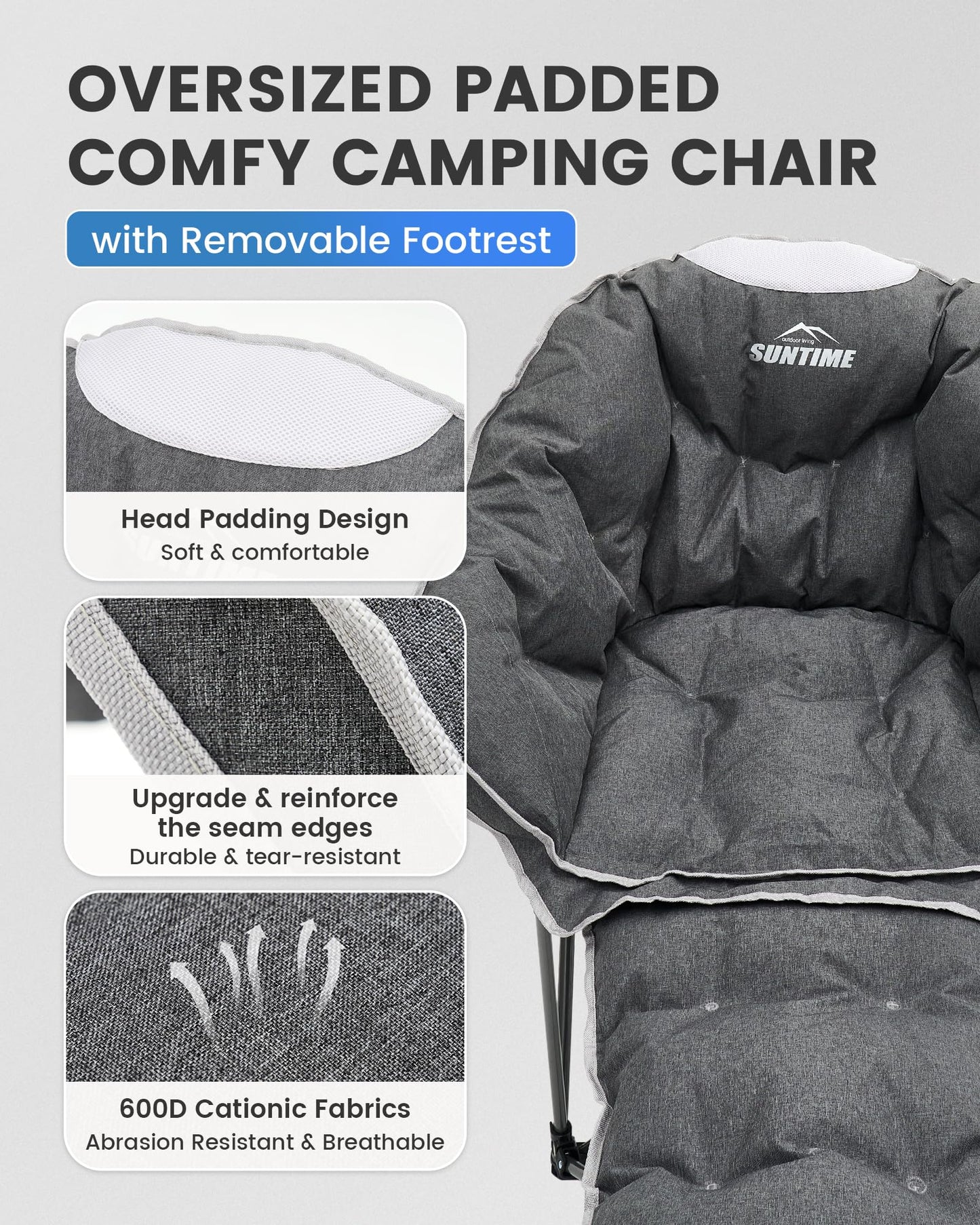 Upgrade Oversized Padded Comfy Camping Chair with Removable Leg Rest,Adjustable Cup Holder,Built-in Comfy Foam Armrest Supports,Heavy Duty Outdoor Round Folding Chair for Camping, Carry Bag, Gray