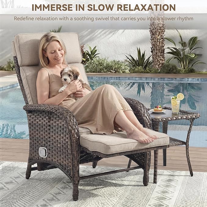 Zero Gravity Wicker Patio Recliner Chair - Wicker Outdoor Lounge Chair with Adjustable Backrest & Footrest, All Weather Outdoor Reclining Chairs with Thick Cushion for Pool Deck Beige