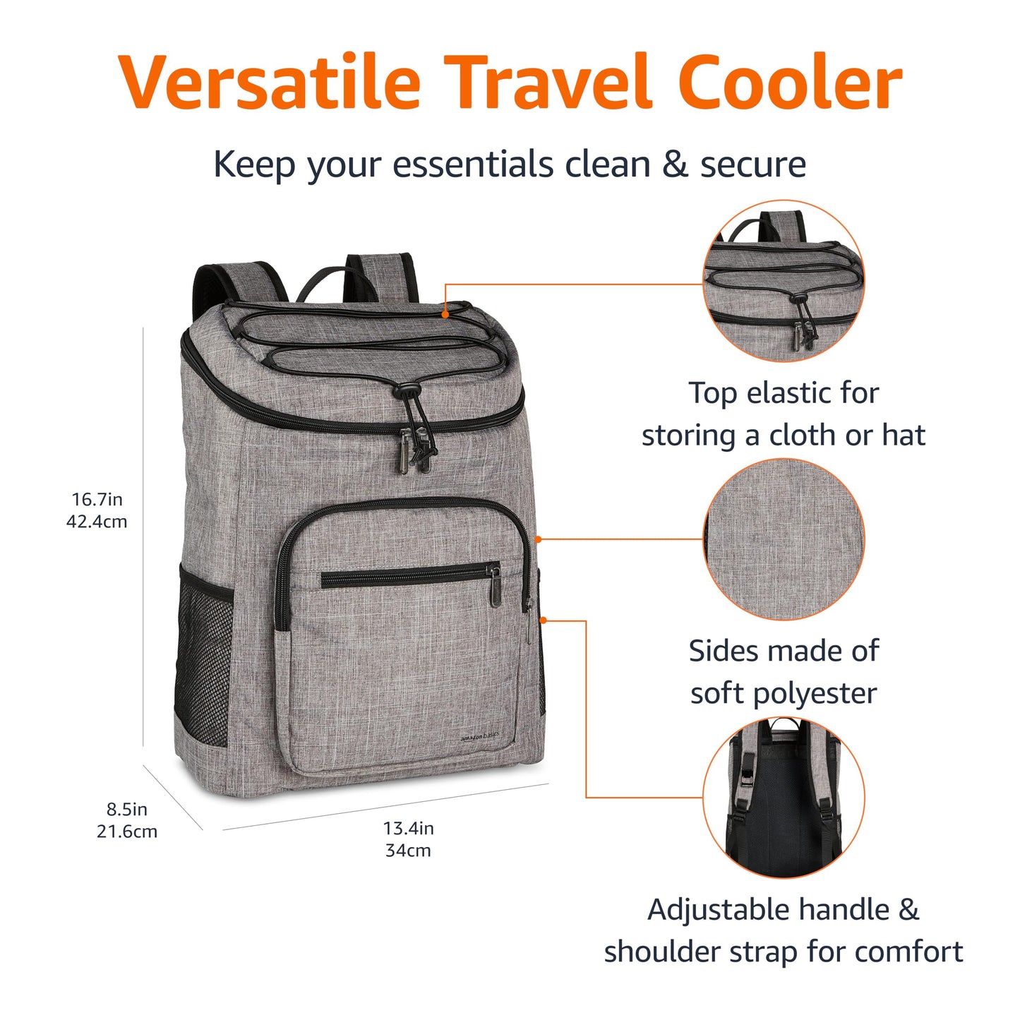 Amazon Basics Large Capacity Leakproof Insulated Soft Cooler Bag Box/Cooler Backpack/Lunch Bag for Picnics, Camping, Travel, Beach, Grey