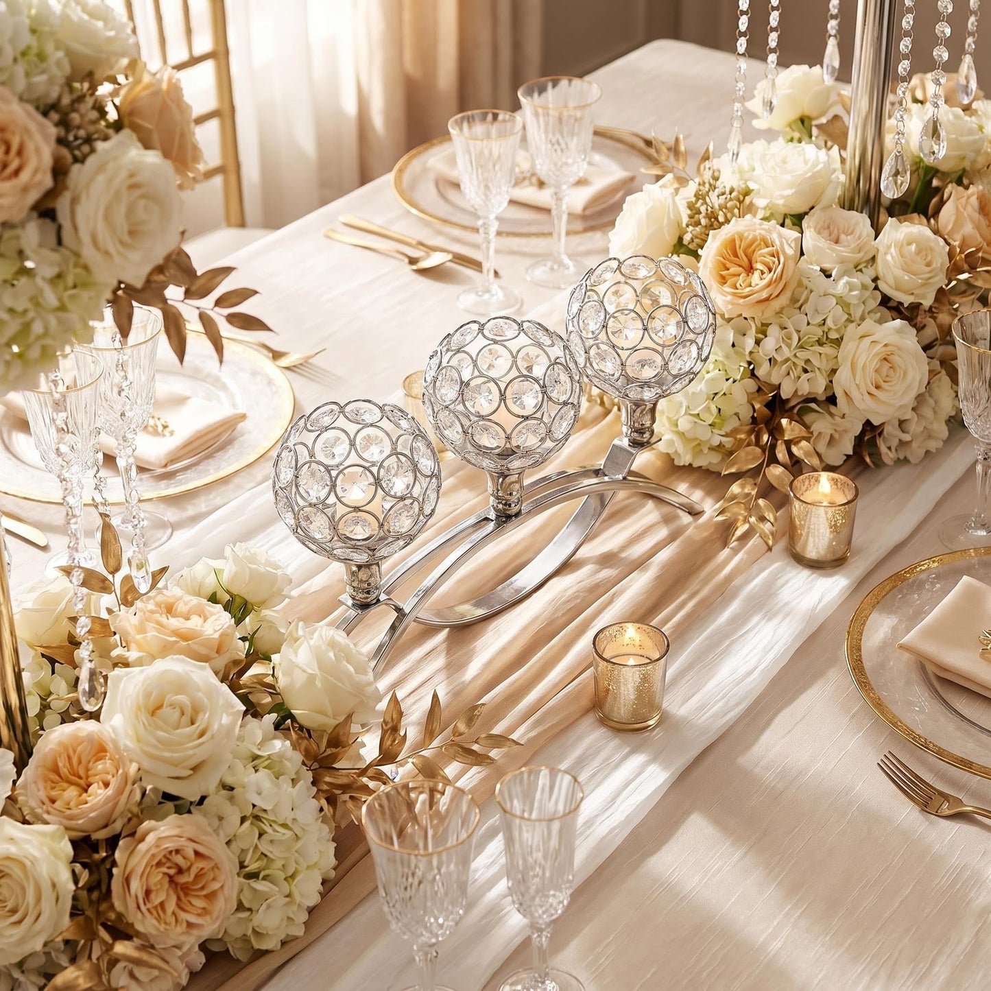 3-Arm Arched Crystal Candelabra, Sliver Candle Holder Table Centerpiece for Wedding, Home Decor, Dining, Party, Thanksgiving & Christmas Decoration(1PCS)