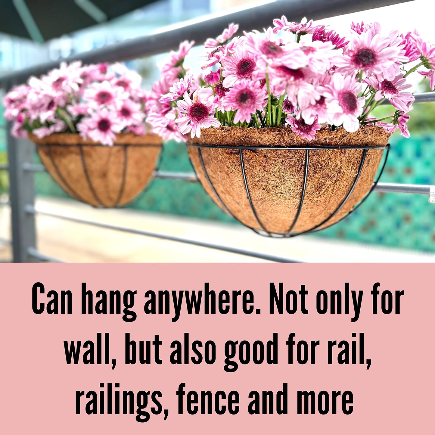 LaLaGreen Wall Planter Outdoor, 4 Pack, 14 Inch Large Wall Hanging Flower Basket with Coco Liner, Vertical Living Wall Mounted Wire Pot Outside Fence Railing Plant Pots Holder Deck Porch Balcony Patio