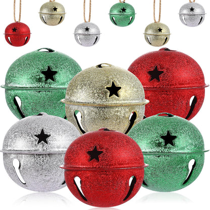 Zubebe Christmas Bells Jingle Bells Large 2.5 Inch Star Cutout Ornament for Crafts Christmas Tree Decor Gift Wrapping(Glitter Red, Green, Gold, Silver,12 Pcs)