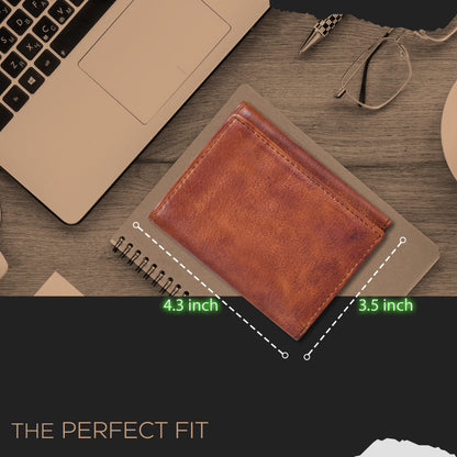 Tri fold Leather Wallet for Men with RFID | Slim Wallets for Men with 1 ID and 6 Credit card slots | Front Pocket Minimalist (Wash Tan)