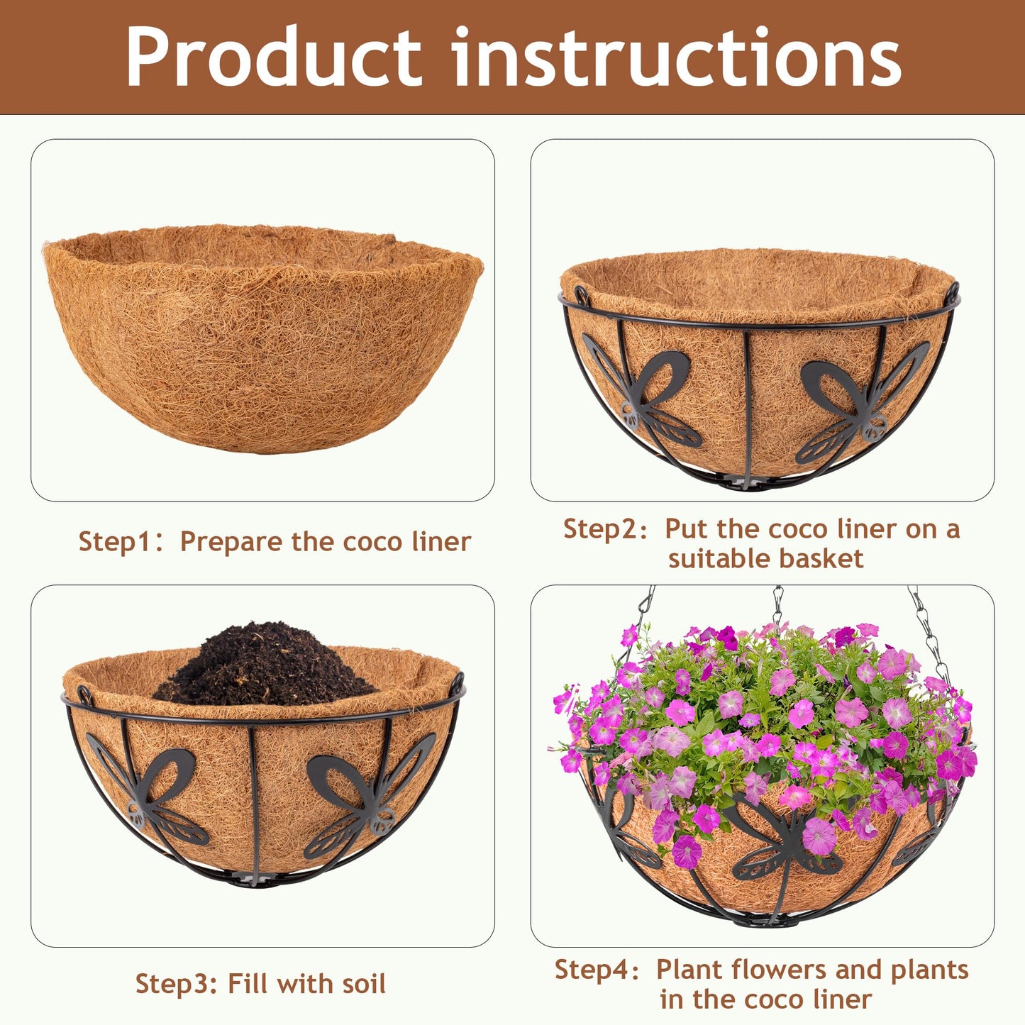 ARVINKEY Hanging Baskets Planter for Plants, 2 Pack 14 Inch Round Metal Wire Hanging Flower Pots with Coco Coir Liner Chain, Plant Holder for Home Garden Balcony Decor