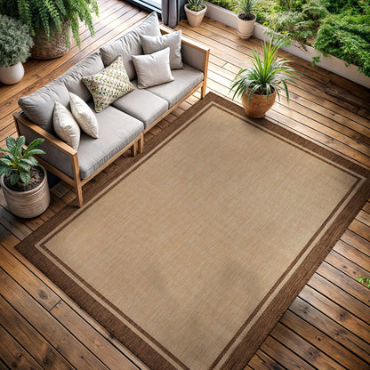 CAMILSON Outdoor Rug 8x10 Bordered Natural Brown Modern Area Rugs for Indoor and Outdoor Patios, Kitchen and Hallway Mats, Washable Porch Deck Outside Carpet (Border Jute, 8 x 10)