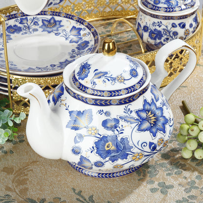 fanquare Porcelain Tea Sets,Blue British Coffee Cups& Saucer Service for 6, with Teapot,Sugar Bowl,Creamer Pitcher and Golden Metal Rack