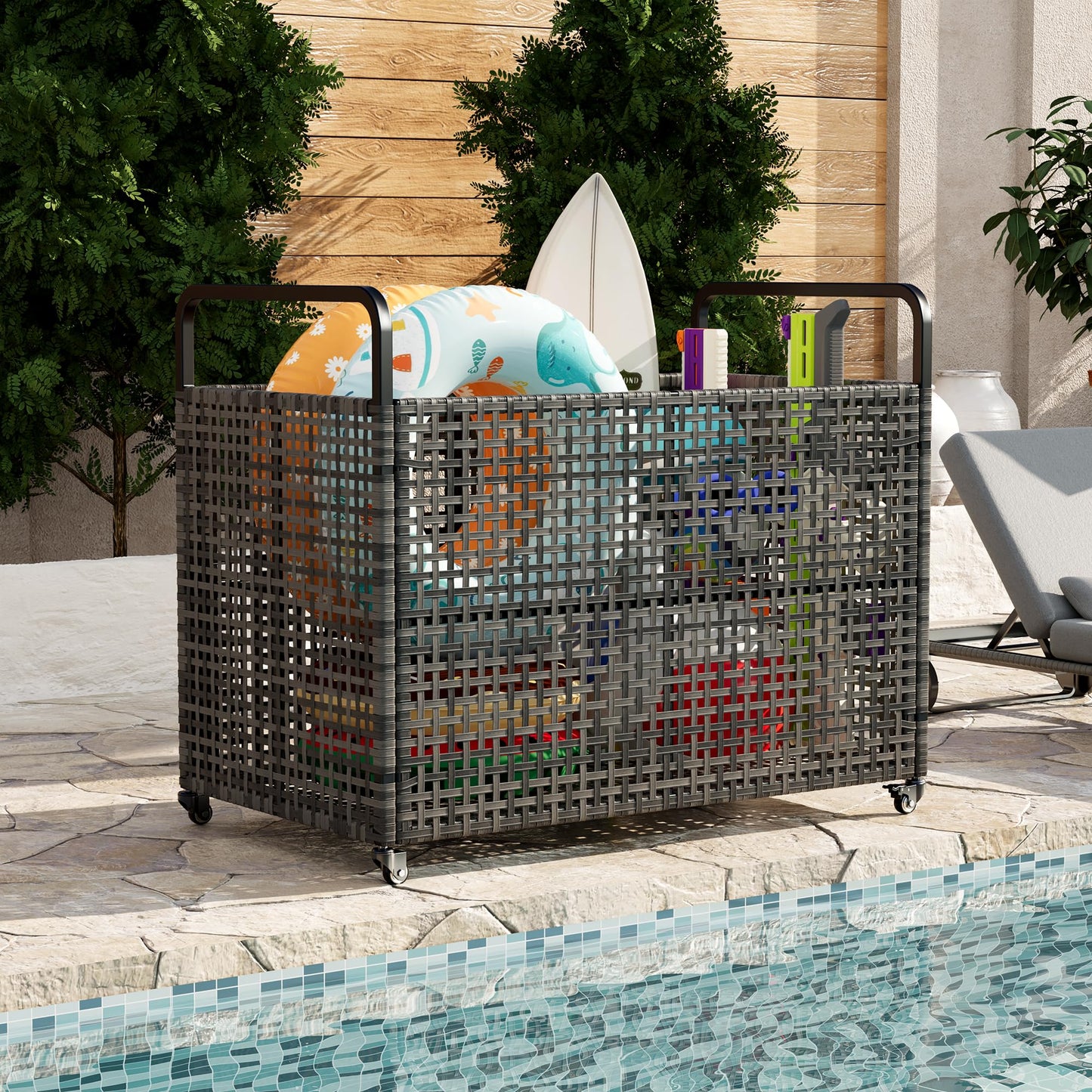 GarveeLife Heavy Duty Poolside Rattan Storage Bin Organizer, Outdoor Rolling Cart with Wheels & 2 Handles, Mesh Ventilated Pool Float Storage Rack for Noodles, Toys, Floats, Balls, Equipment, Brown
