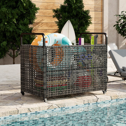 GarveeLife Heavy Duty Poolside Rattan Storage Bin Organizer, Outdoor Rolling Cart with Wheels & 2 Handles, Mesh Ventilated Pool Float Storage Rack for Noodles, Toys, Floats, Balls, Equipment, Brown