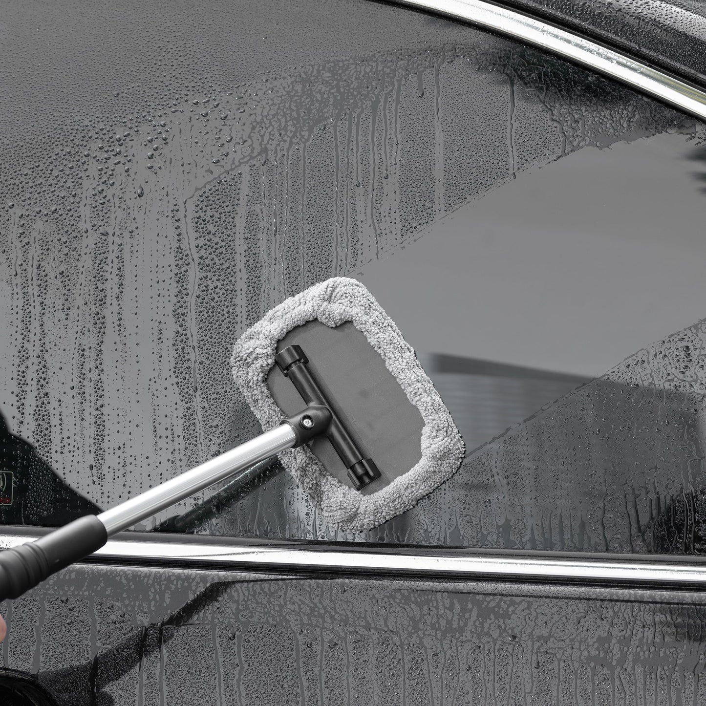 Polyte Pivoting Windshield Glass Cleaning Tool Extendable Aluminum Handle w/3 Premium Microfibre Covers