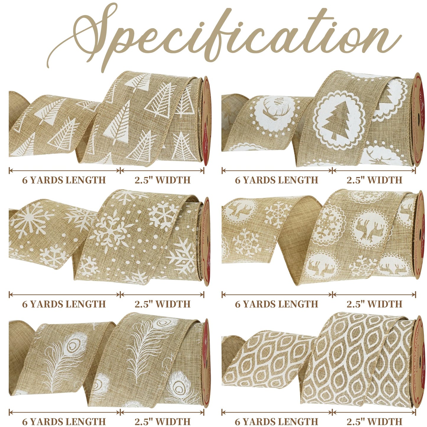 MEEDEE Burlap & White Print Ribbon - Wired Burlap Ribbon, 2.5 Inch, 6 Rolls, 36 Yards - Christmas Tree & Wreath Decorations