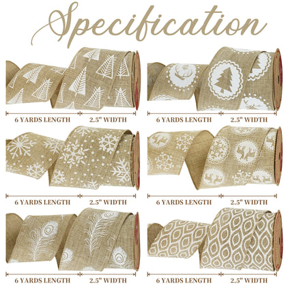 MEEDEE Burlap & White Print Ribbon - Wired Burlap Ribbon, 2.5 Inch, 6 Rolls, 36 Yards - Christmas Tree & Wreath Decorations