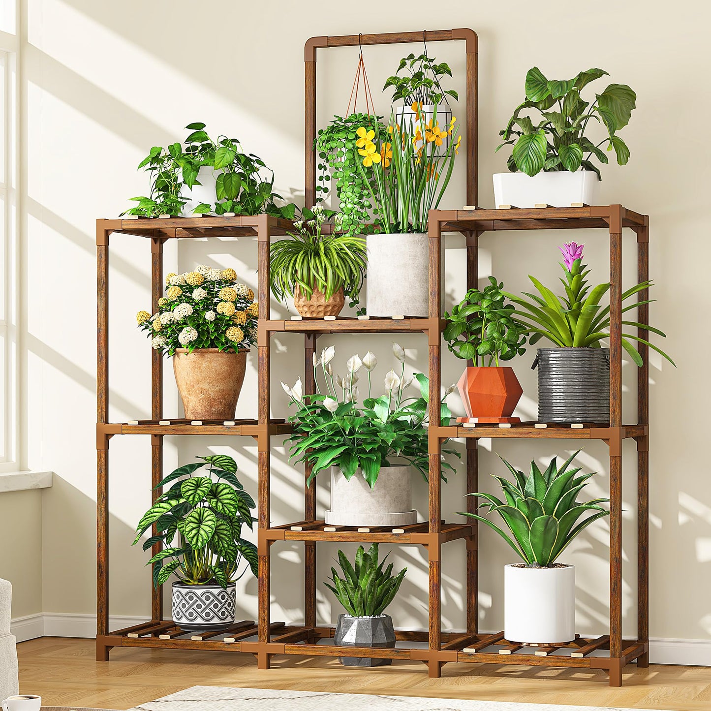 EnHomee Plant Stand, 8 Tiers Indoor Plant Stand for Multiple Plants Pot, Wood Plants Shelves for Living Room, Patio, Balcony, Yard, Garden, 34.3" W x 11.8" D x 47.2" H