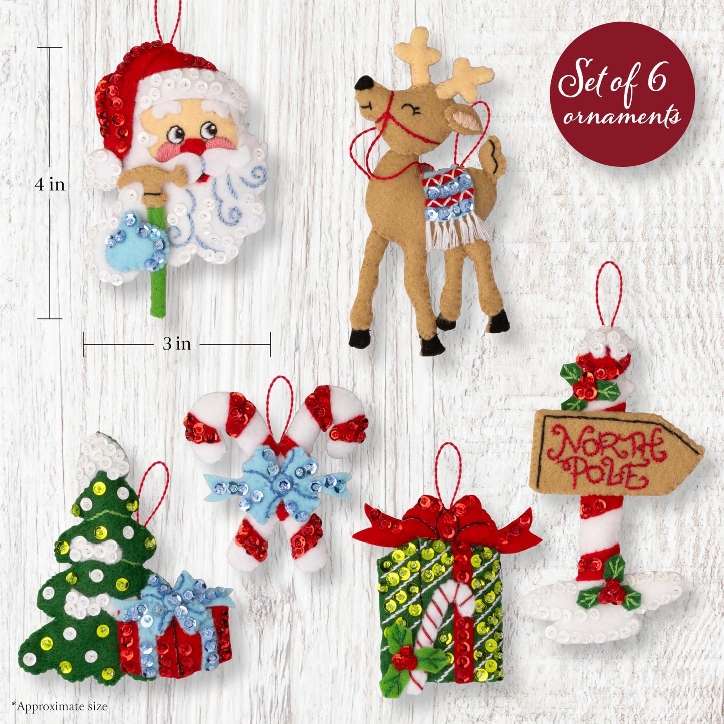 Bucilla, Felt Applique 6 Piece Ornament Making Kit, North Pole This Way, Perfect for DIY Arts and Crafts