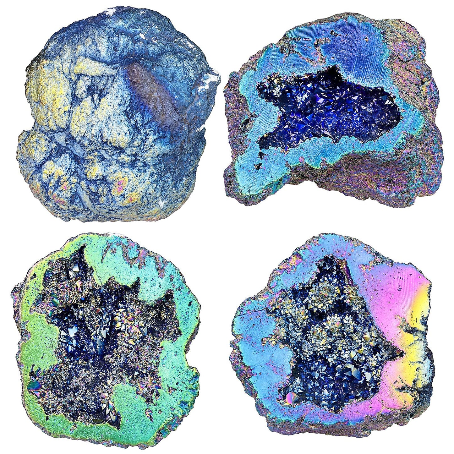 mookaitedecor Bundle - 2 Items: Natural Raw Amber Calcite Crystal Cluster Geode Stone & Angel Aura Quartz Geode Stone Titanium Coated Rock Crystal Specimen for Home Decor