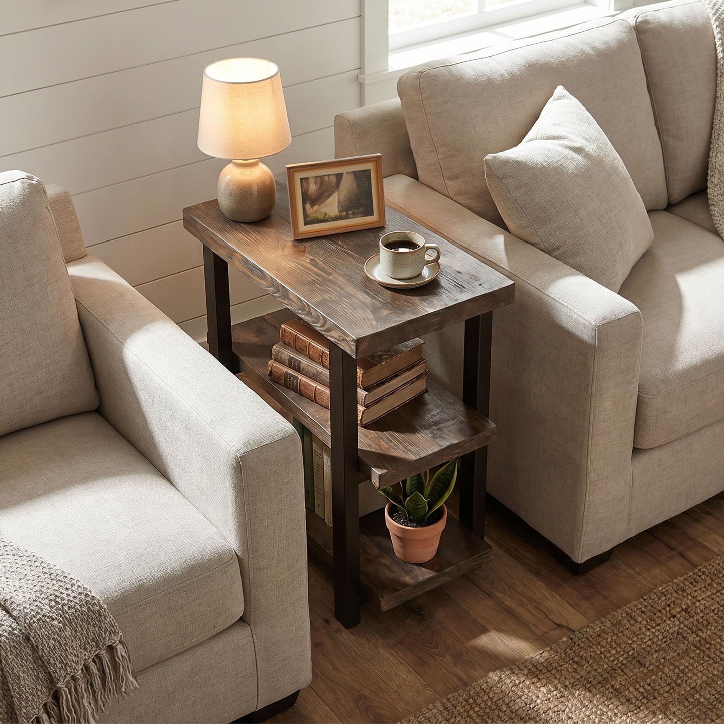 Alaterre Furniture Pomona Living Room 3-Tier Solid Wood End Table with Metal Legs & Storage Shelves – Modern Rustic Industrial Space-Saving Side Table or Nightstand (Rustic Brown)