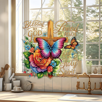 DIY Diamond Art Painting Wreath Kits，Special Shaped Rhinestone Hanging Ornament Diamond Art Window Pendants for Gift Home Garden Wall Hanging Kits,Double Sided (Cross)