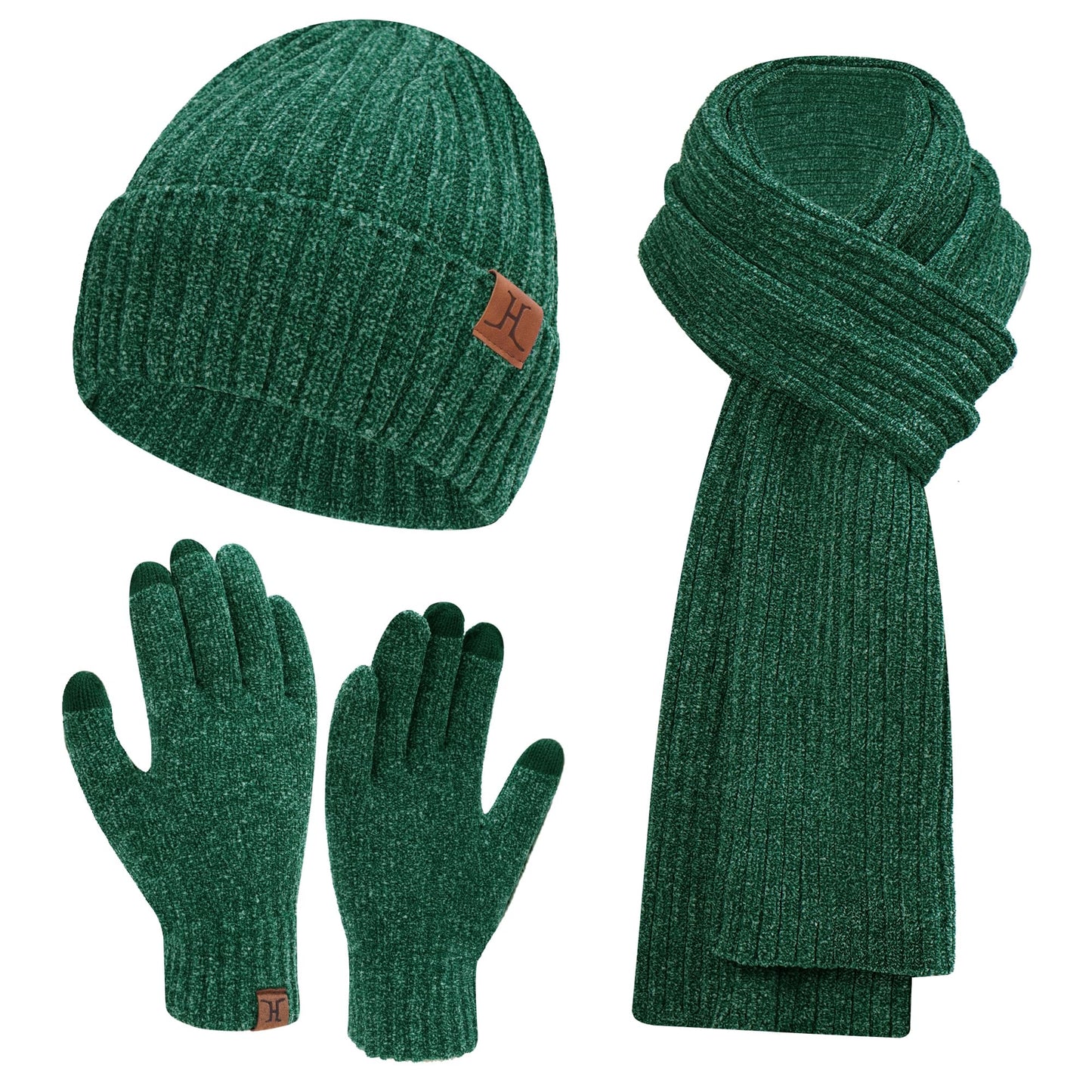 Womens Winter Knit Warm Hat Beanie Long Scarf Touch Screen Gloves Set Skull Caps Neck Scarves for Women Men Dark Green