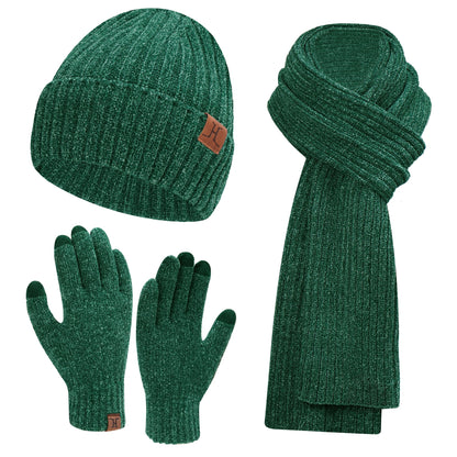 Womens Winter Knit Warm Hat Beanie Long Scarf Touch Screen Gloves Set Skull Caps Neck Scarves for Women Men Dark Green
