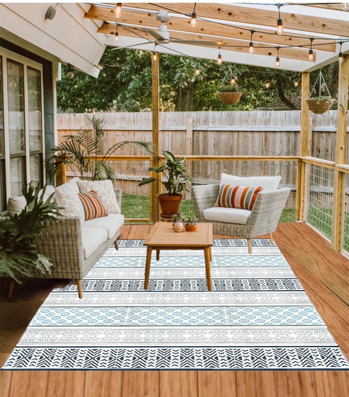 BalajeesUSA Outdoor Rug - 9x18 Grey, Teal, Reversible Recycled Plastic Straw Outdoor Patio Rugs Clearance Waterproof Large RV Camper Mats 7087