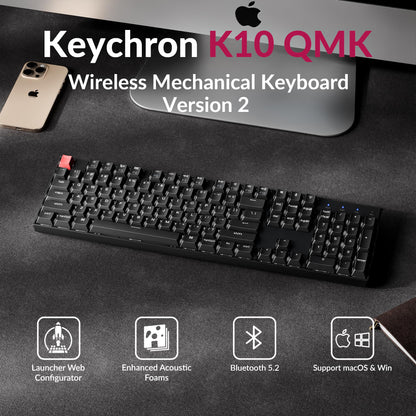 Keychron K10 Full Size 104 Keys Bluetooth Wireless Mechanical Gaming Keyboard for Mac Windows K Pro Brown Switch, Multitasking/White LED Backlight/USB C Wired Computer Keyboard