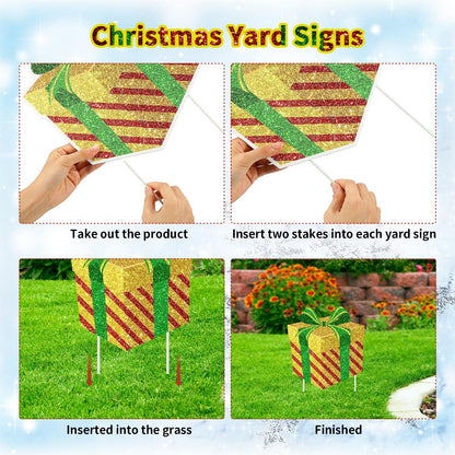Tiamon 9 Pcs Christmas Decoration Outdoor Present Yard Sign with Stakes Xmas Lawn Gift Box Decor for Home Outdoor Pathway Walkway Patio Garden Party Supplies