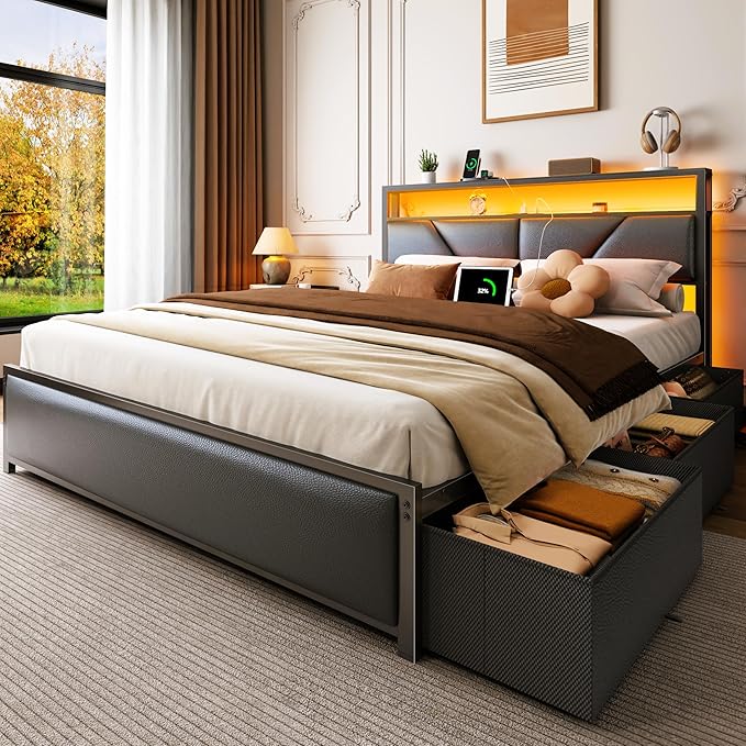 OURPIC Queen Bed Frame, 2-Tier Storage Headboard & 6 Fabric Drawers, PU Leather