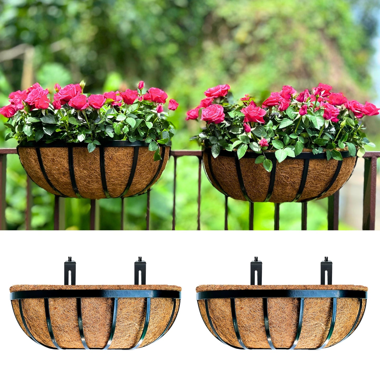 LaLaGreen Deck Railing Planter Boxes (16 Inch, 2 Pack) Black Metal Rectangular Hanging Planters with Coco Liner, Adjustable Flower Planter Box Brackets for Plants Fence Balcony Patio Porch Over Rail