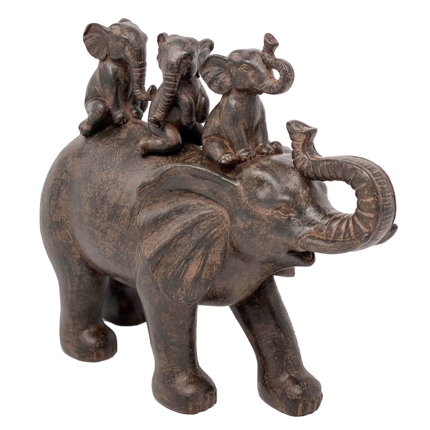 Nature's Mark 8" H 3 Baby Elephants Riding an Elephant Resin Statue Figurine Home Decorative Accent Decor (Brown)