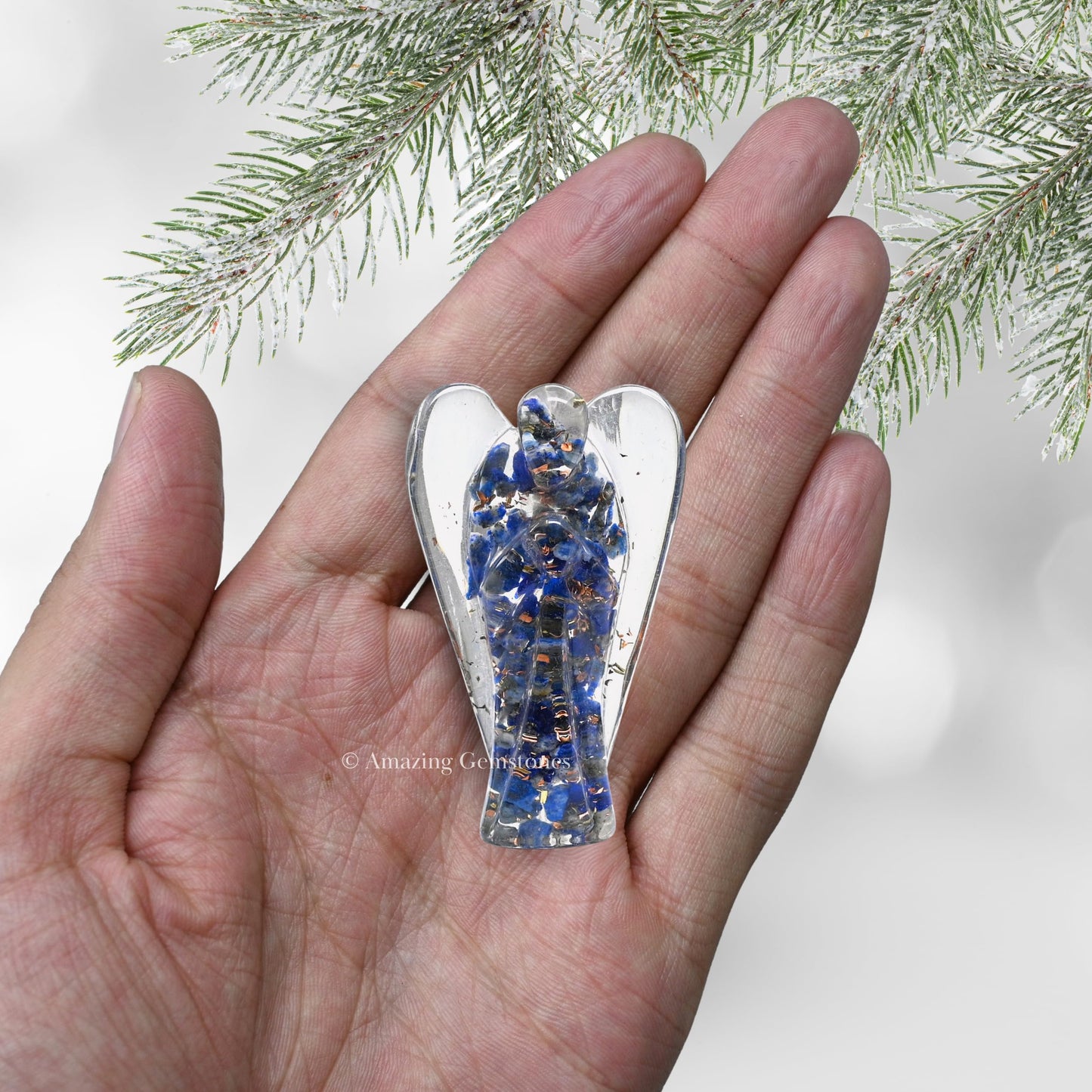 Amazing Gemstone Lapis Lazuli Guardian Angel Figurine Pocket Crystal Angel for Protection - Orgone Guardian Angel with Orgonite Layer and Natural Crystal for Healing Gift (2 Inch, Organite)