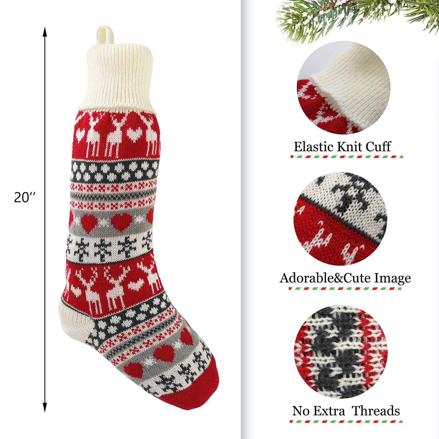 Bstaofy Set of 4 20'' Extra Long Knitted Christmas Stockings Stretchable Handmade Woven Snowflakes and Reindeer Assorted Xmas Tree Hanging Decorations