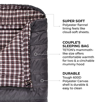 TETON Sports Fahrenheit Mammoth 0F/-18C Queen-Size Double Sleeping Bag; Warm and Comfortable; Double Sleeping Bag Great for Family Camping; Compression Sack Included Grey