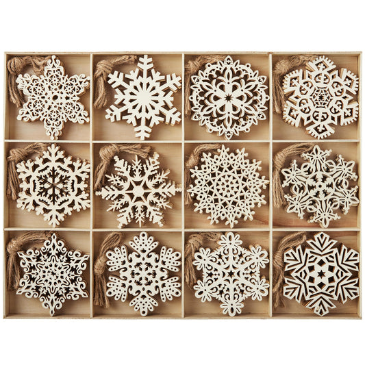 JOIEDOMI 36 Pcs Christmas Unfinished Wooden Ornaments Hanging Snowflakes Ornaments Blank Wood Slice for Indoor/Outdoor Xmas, Party Decoration, Tree Decor, Events